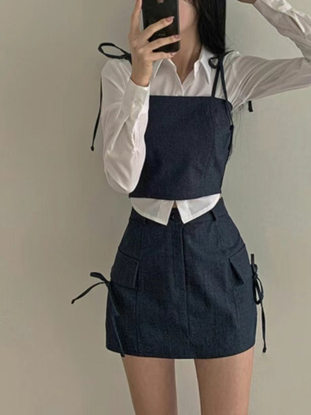 Denim ribbon vest+skirt SET(pre order)