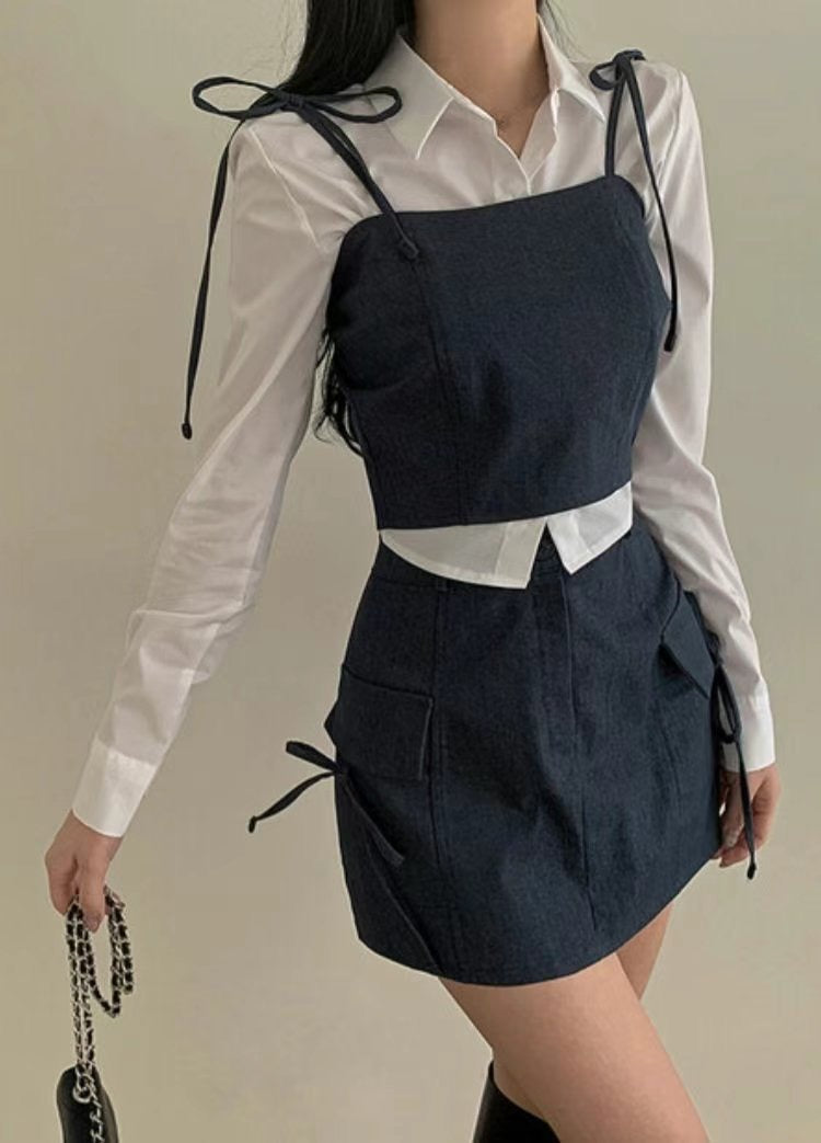 Denim ribbon vest+skirt SET(pre order)