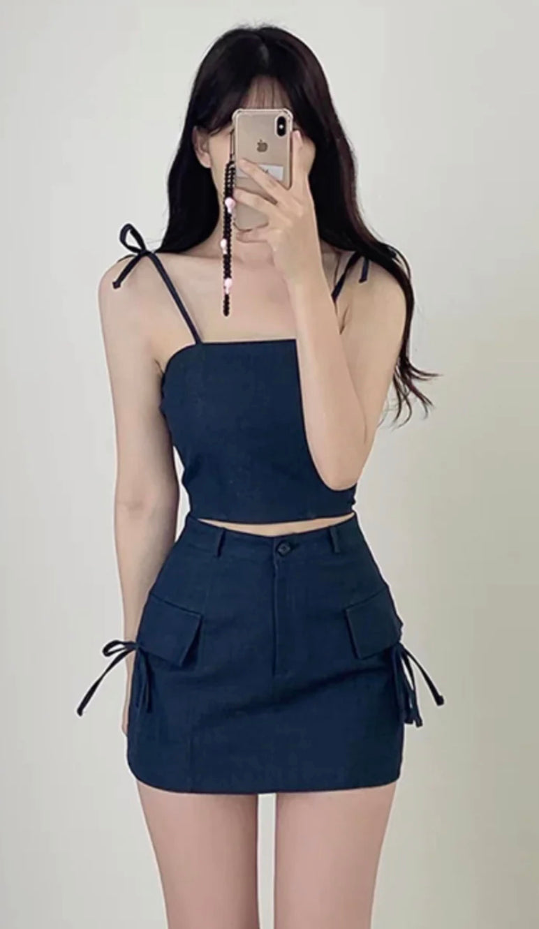Denim ribbon vest+skirt SET(pre order)