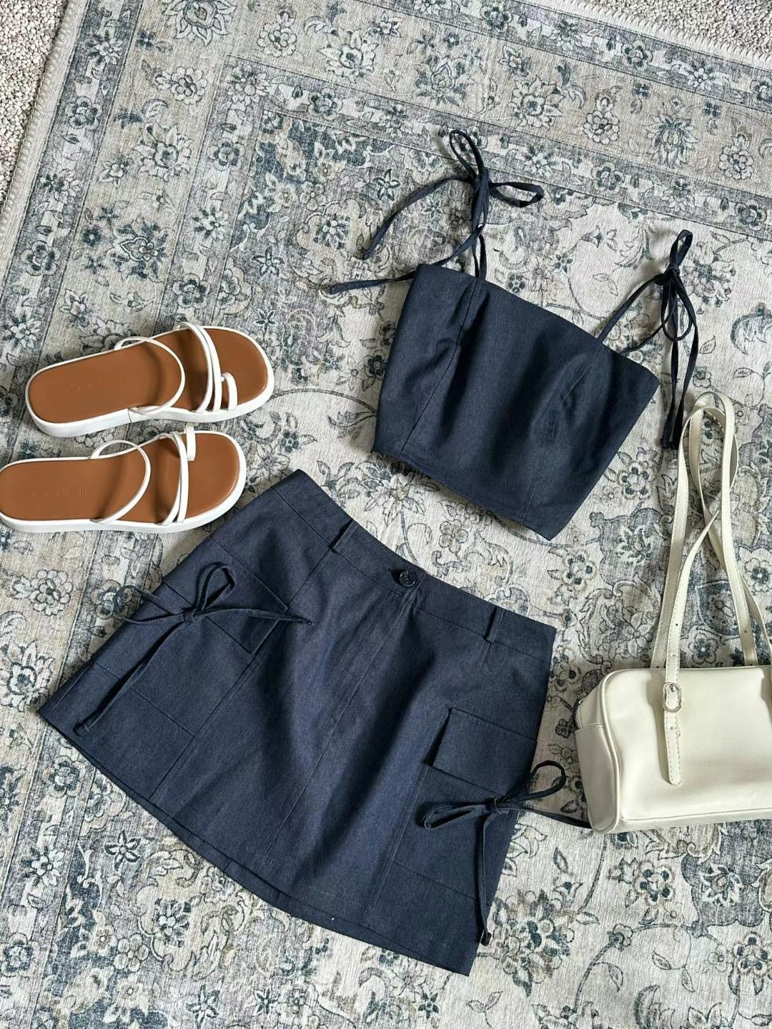Denim ribbon vest+skirt SET(pre order)