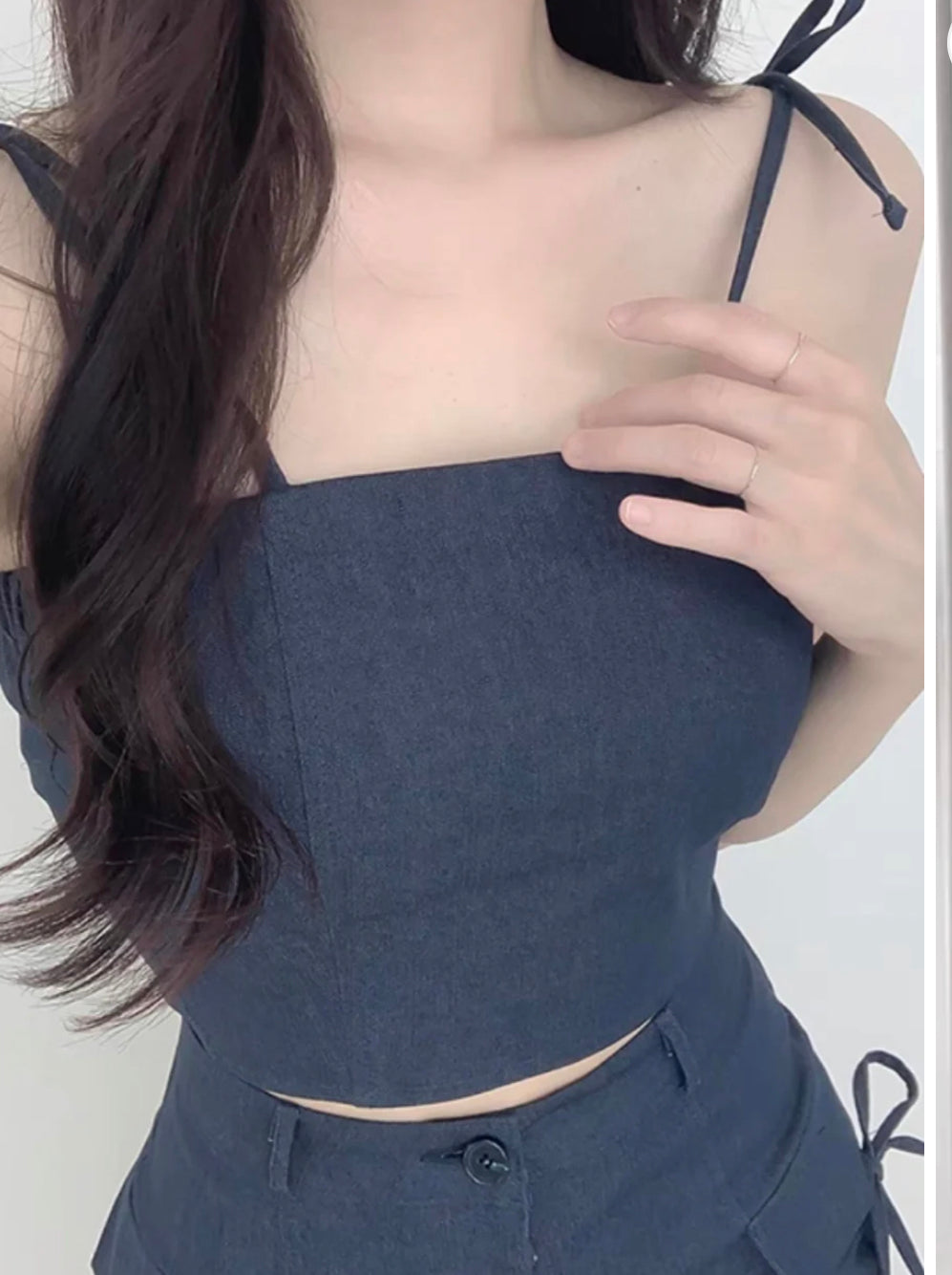 Denim ribbon vest+skirt SET(pre order)