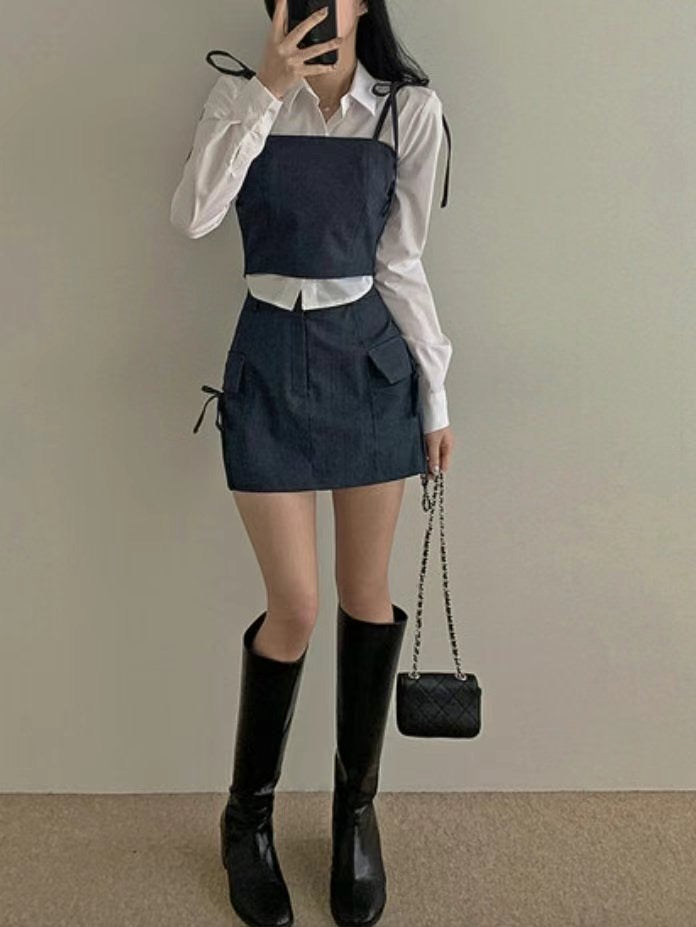 Denim ribbon vest+skirt SET(pre order)